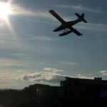 Float plane heading down to water