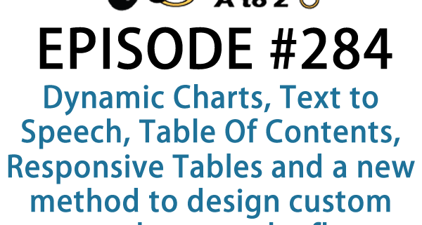 It's Episode 284 and we've got plugins for Dynamic Charts, Text to Speech, Table Of Contents, Responsive Tables and a new method to design custom products on the fly. It's all coming up on WordPress Plugins A-Z!
